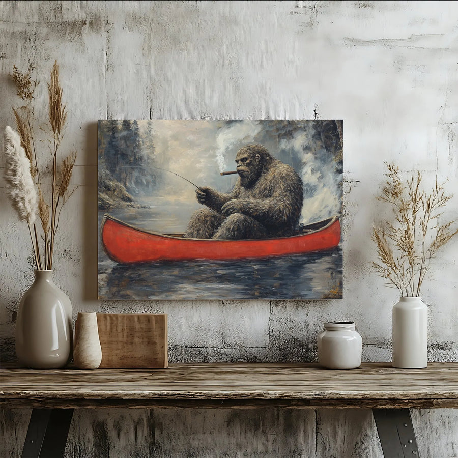 Bigfoot Fishing in Red Canoe Canvas Wall Art | Funny Smoking Sasquatch Painting | Premium Gallery Wrap Decor | Unique Gift for Outdoorsmen