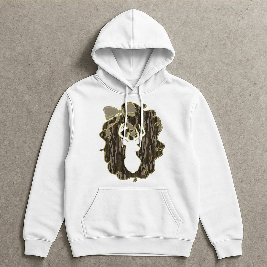 Deer Camo Bow Hoodie | Preppy Coquette Deer Hunting Design | Premium Cotton Blend | Gift for Her Fall Aesthetic