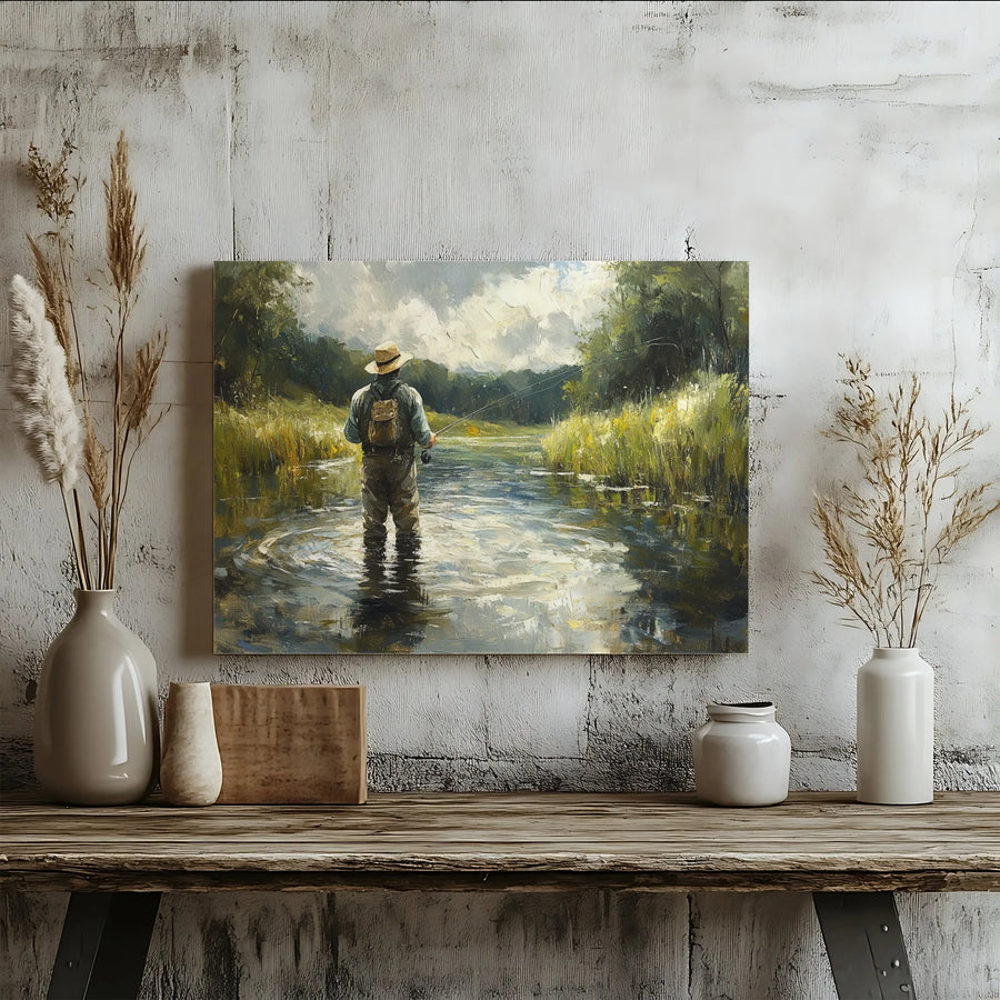 Fly Fishing Wall Art | Impressionist River Landscape Canvas Print | 1.25" Gallery Wrap | Gift For Fisherman And Outdoor Enthusiasts
