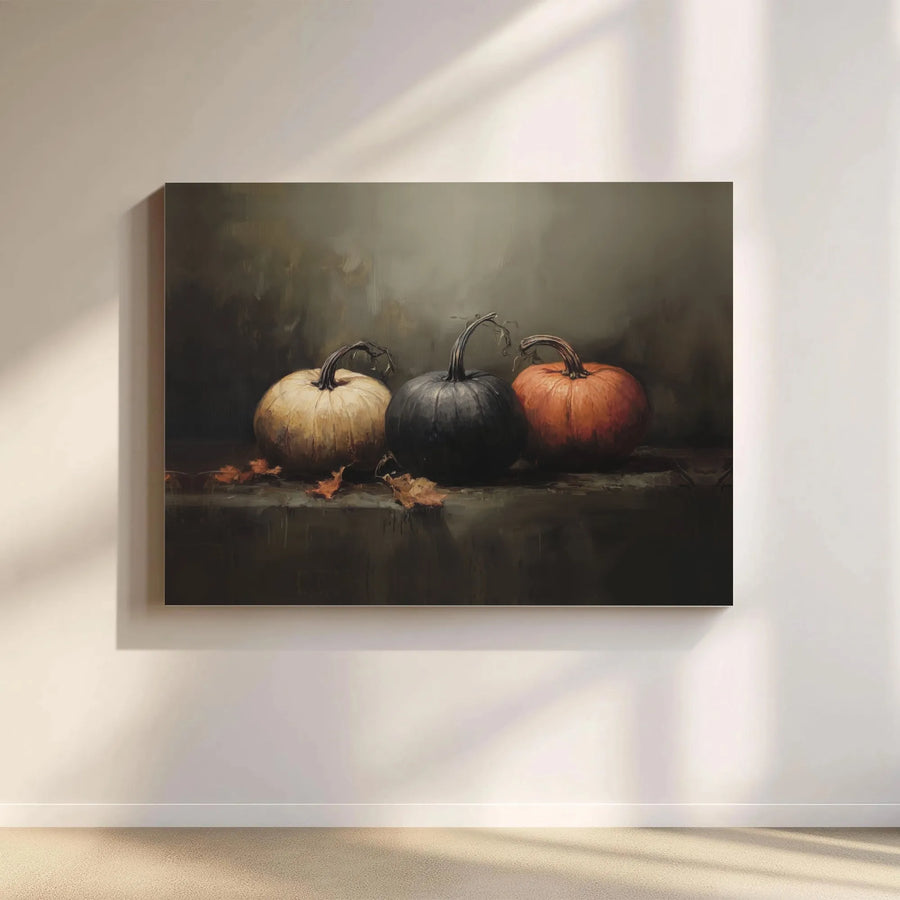 Autumn Pumpkin Wall Art | Moody Still Life Oil Painting Style | Premium 1.25-Inch Canvas Print | Rustic Fall Home Decor
