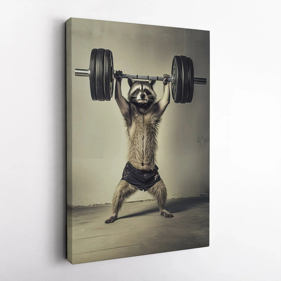 Raccoon Weightlifting Canvas Print | Funny Gym Workout Wall Art | Gallery Wrapped Premium Decor | Gift for Powerlifters and Bodybuilders