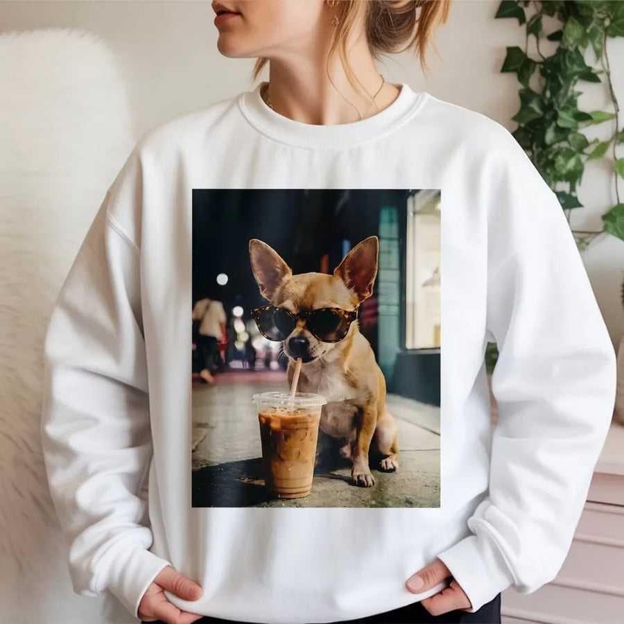 Chihuahua Sweatshirt with Sunglasses | Funny Dog Meme Graphic | Soft Unisex Crewneck | Coffee Lover & Dog Mom Gift