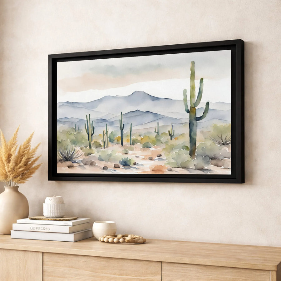 Watercolor Desert Landscape Canvas | Saguaro Cactus Mountains Art | Premium 1.25-Inch Gallery Wrap | Southwestern Home Decor Gift