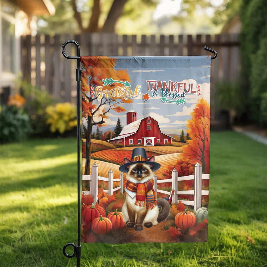 Grateful and Blessed Garden Flag | Thanksgiving Siamese Cat Pilgrim Decor | Premium Weather-Resistant Polyester | Autumn Farm Harvest Yard Gift