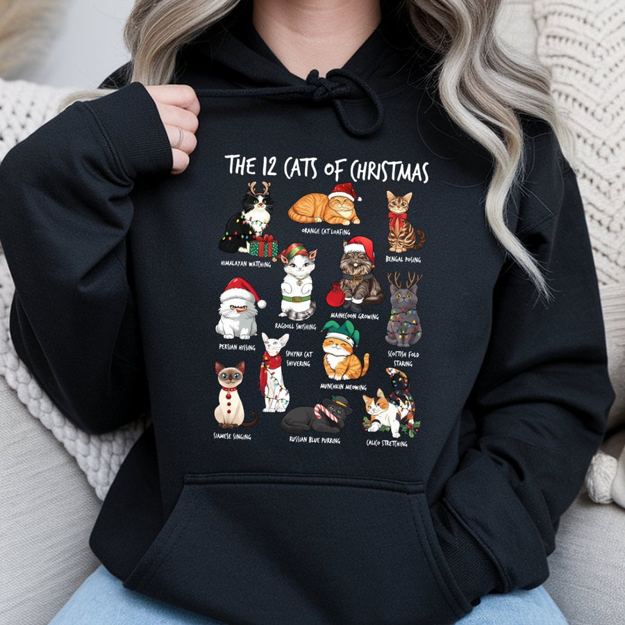 12 Cats Of Christmas Hoodie | Festive Cat Illustration Graphic | Soft Cotton-Blend Pullover | Xmas Gift For Cat Lovers & Pet Owners