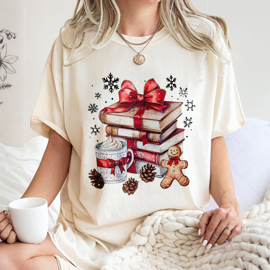Christmas Book Lover T-Shirt | Festive Reading Stack with Gingerbread & Coffee | Premium 100% Cotton | Cozy Holiday Gift for Readers