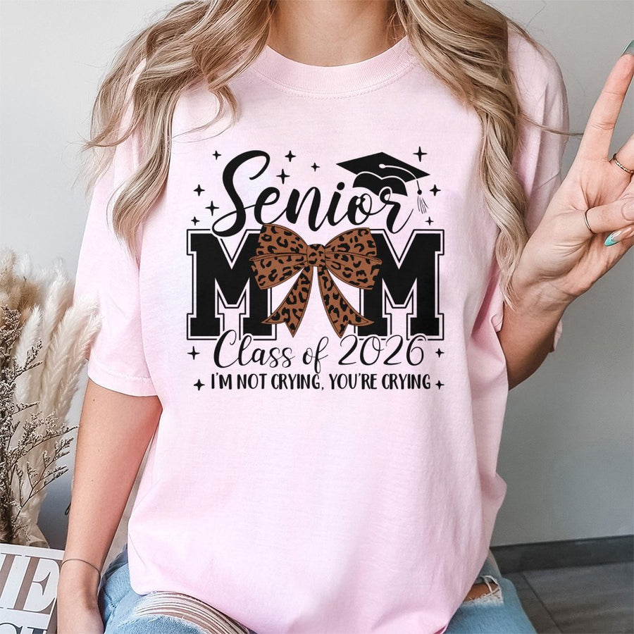 Senior Mom Class of 2026 T-Shirt | Leopard Coquette Bow Graphic | Premium Soft Cotton Tee | Proud Graduation Gift for Mom
