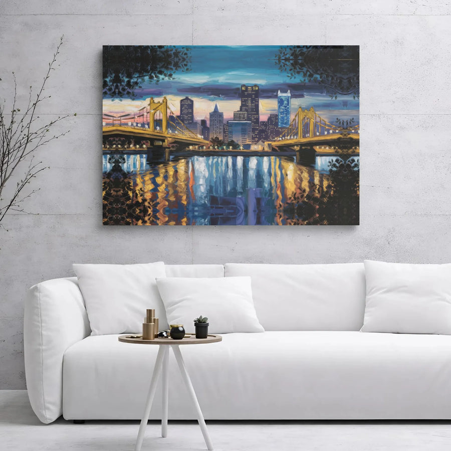 Pittsburgh Skyline Canvas Print | Impressionist Yellow Bridge River Reflection | Gallery Wrap Premium Wall Art | Modern Home & Office Decor Gift
