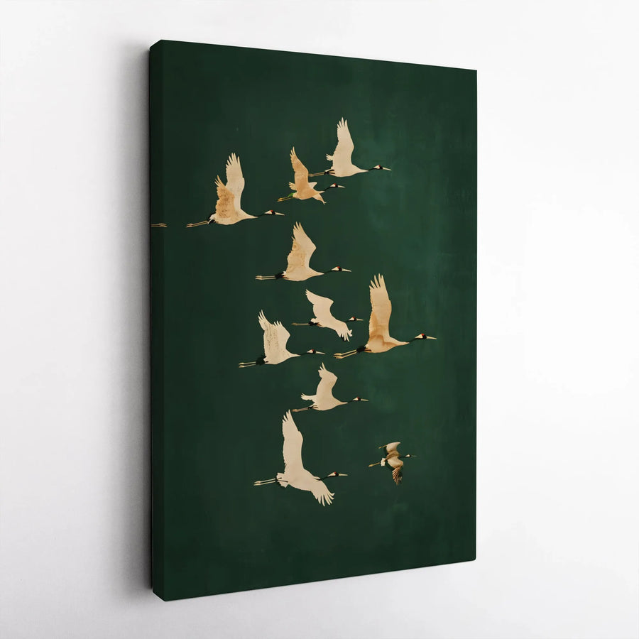 Japanese Crane Wall Art | Minimalist Flying Birds On Forest Green | Premium Gallery Wrapped Canvas | Elegant Home Decor Gift