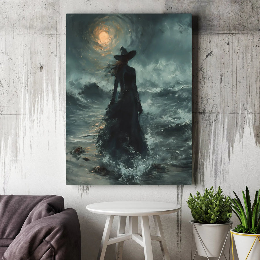 Gothic Witch Canvas Wall Art | Moody Stormy Sea Oil Painting Style | Premium Gallery Wrap | Dark Academia Home Decor Gift