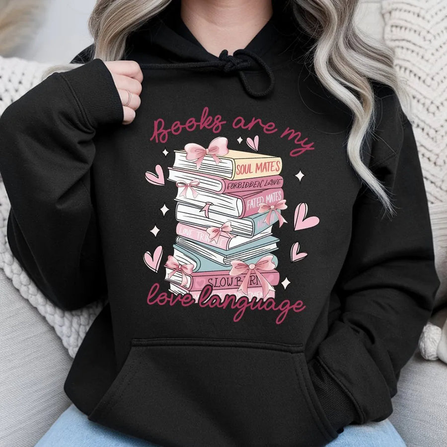 Books Are My Love Language Hoodie | Aesthetic Book Stack Graphic | Soft Cotton Blend Sweatshirt | Gift for Readers, Bookworms, and Librarians
