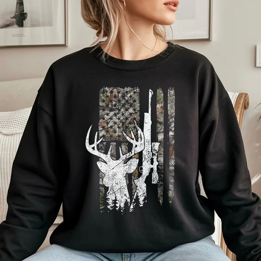 Deer Hunting American Flag Sweatshirt | Distressed Buck Skull Camo Graphic | Premium Cotton Blend | Patriotic Gift for Hunter Dad