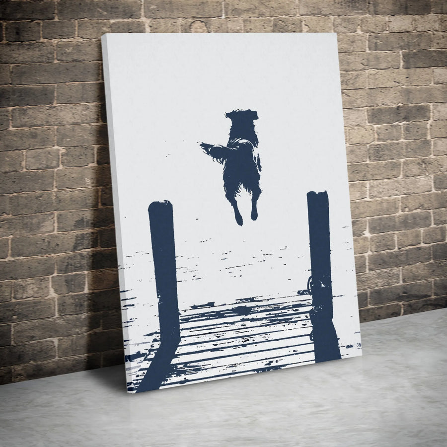 Dog Jumping Into Water Canvas Art | Minimalist Stencil Dock Illustration | Premium Fade-Resistant Print | Modern Pet Lover Home Decor Gift