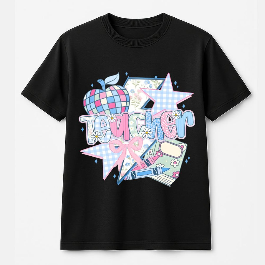 Teacher Aesthetic T-Shirt | Coquette Bow and Retro School Supply Graphic | 100% Cotton Premium Tee | Cute Appreciation Gift for Teachers