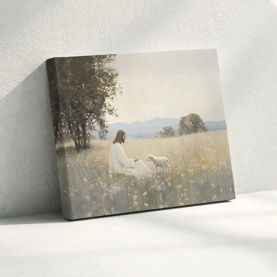 Jesus With Lamb Wall Art | Christian Farmhouse Decor Canvas | 1.25 Inch Premium Gallery Wrap | Inspirational Religious Gift
