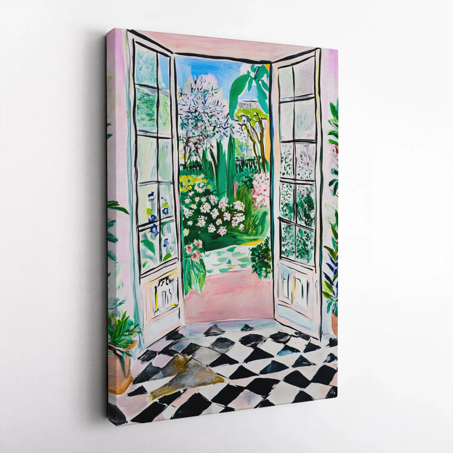 Fauvism Style Open Window Vertical Canvas | Colorful Garden View Art Painting with Checkered Floor | 1.25 Inch Gallery Wrap Premium Wall Decor | Aesthetic Gift for Art Lovers