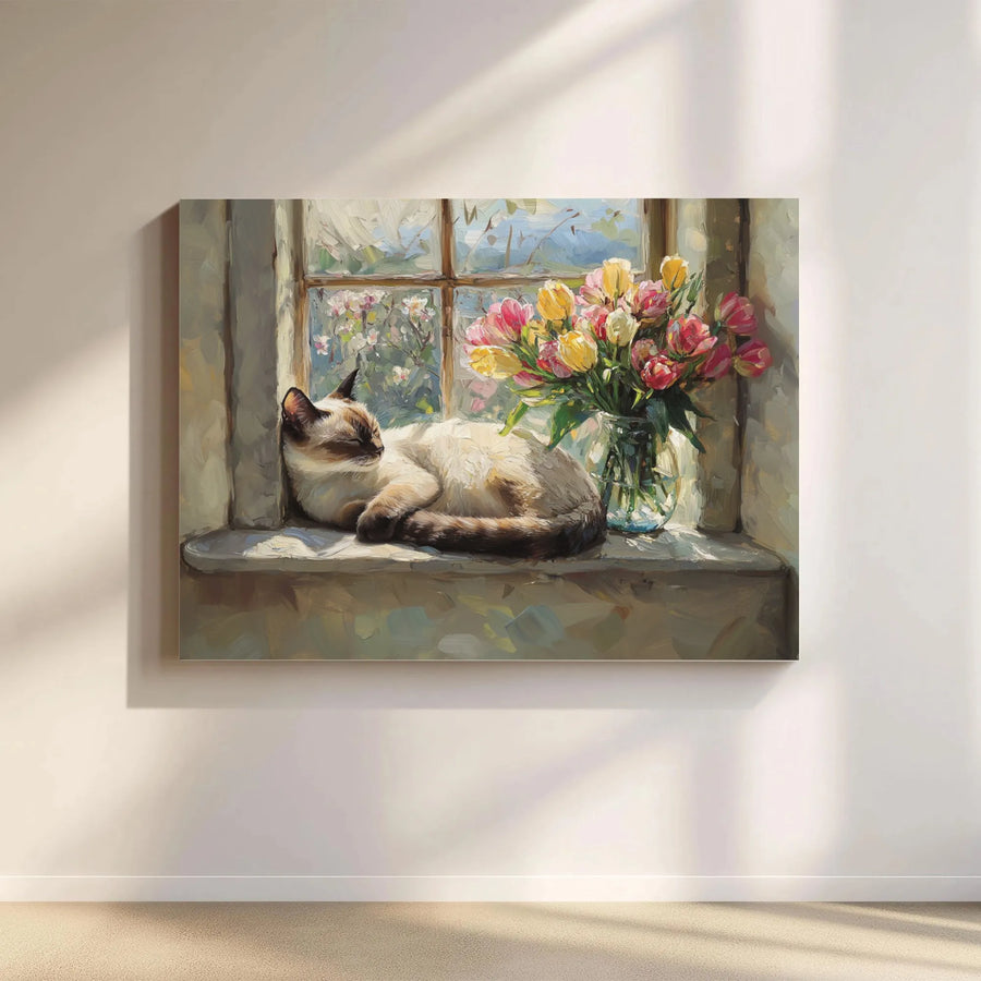 Siamese Cat Canvas Print | Sleeping Cat With Tulips Impressionist Art | Premium Gallery Wrapped Decor | Perfect Gift For Cat Lovers