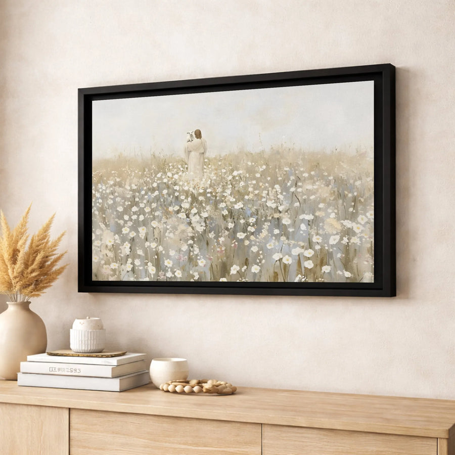 Jesus With Lamb Wall Art | Impressionist Wildflower Field Painting | Premium Gallery-Wrapped Canvas | Religious Home Decor Gift