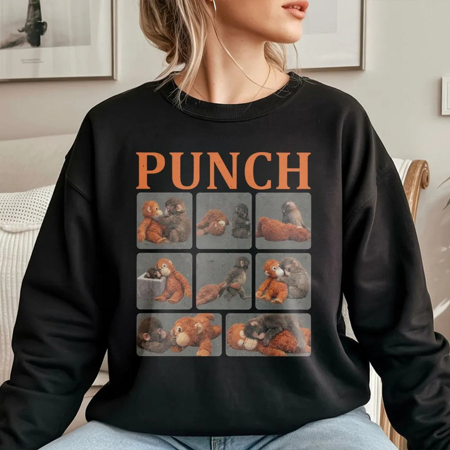 Punch Monkey Sweatshirt | Viral Internet Meme Graphic Design | Premium Cotton Blend Crewneck | Unisex Funny Animal Gift for Men and Women