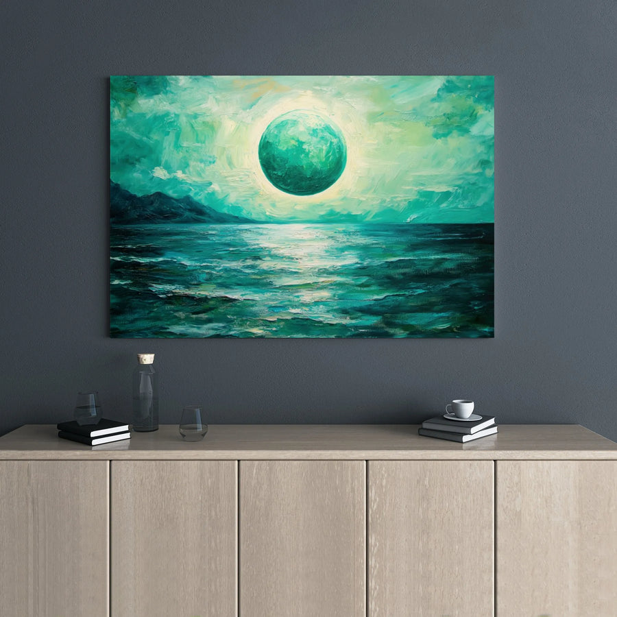 Teal Seascape Canvas Art | Glowing Green Moon Landscape Print | Premium Gallery Wrap 1.25" Frame | Modern Coastal Wall Decor for Bedroom