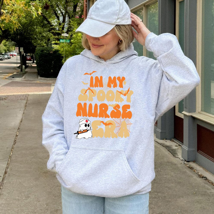 In My Spooky Nurse Era Hoodie | Cute Halloween Ghost Graphic Sweatshirt | Cotton-Blend Premium Gift for Nurses | RN Halloween Nurse Costume Top