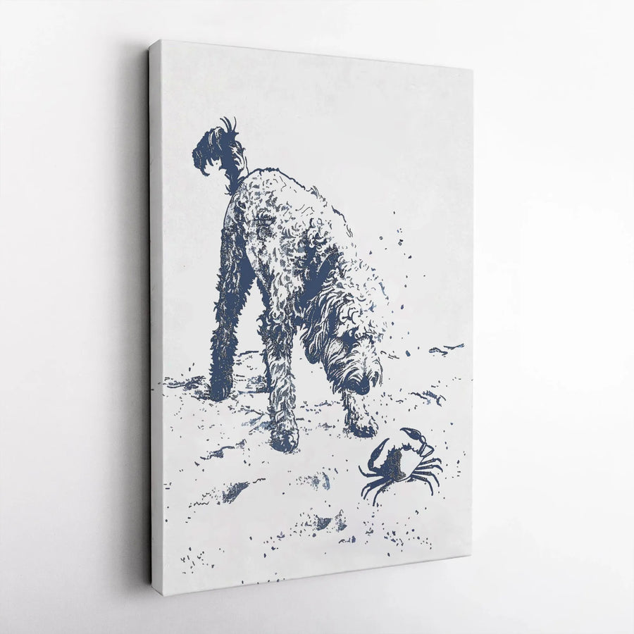 Labradoodle and Crab Canvas Print | Minimalist Beach Scene Illustration | Premium Gallery Wrapped Canvas | Coastal Wall Decor Gift for Dog Lovers