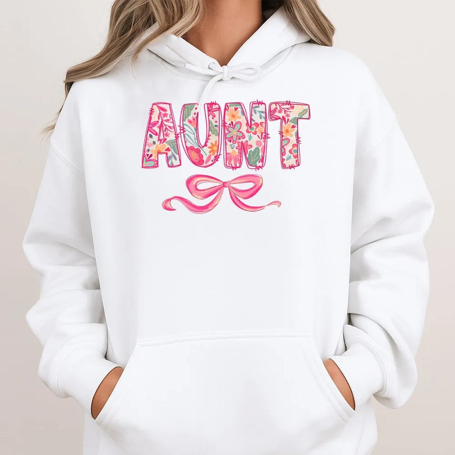 Coquette Aunt Hoodie | Pink Floral Letters & Bow Design | Premium Soft Sweatshirt | Mothers Day Gift for Aunt from Niece Nephew