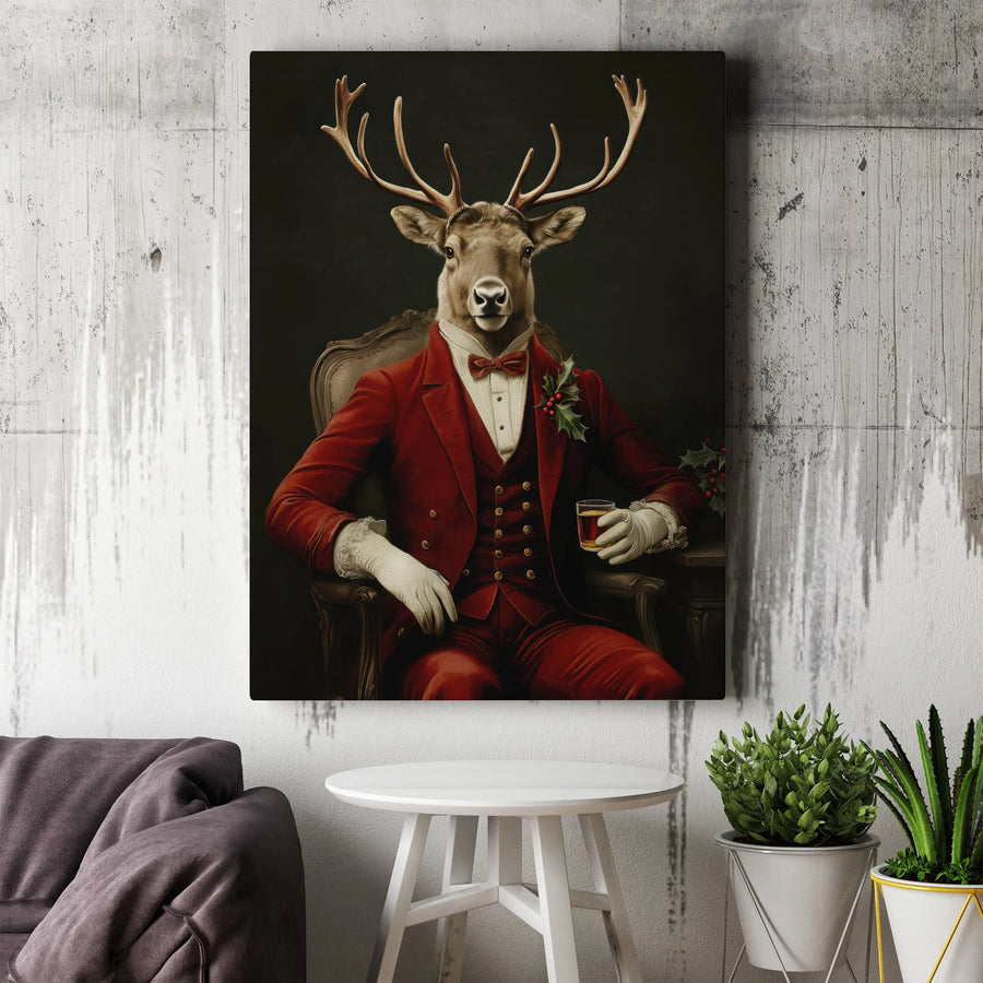 Gentleman Deer Canvas Wall Art | Dapper Reindeer in Christmas Red Suit | Premium Gallery Wrapped Print | Festive Holiday Home Decor Gift