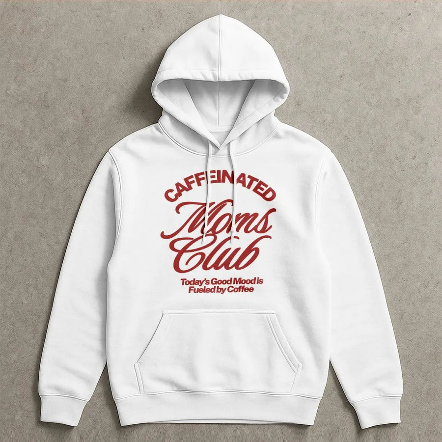 Caffeinated Moms Club Hoodie | Retro Graphic Tee with Vintage Script | Soft Cotton Top | Funny Gift for New Mom, Coffee Lover Mama