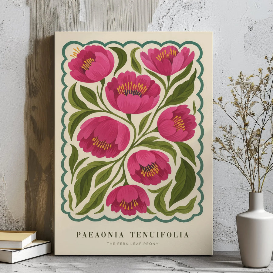 Pink Peony Wall Art Canvas | Vintage Botanical Fern Leaf Illustration | Premium Gallery Wrap Print | Nature Home Decor Gift for Plant Lovers