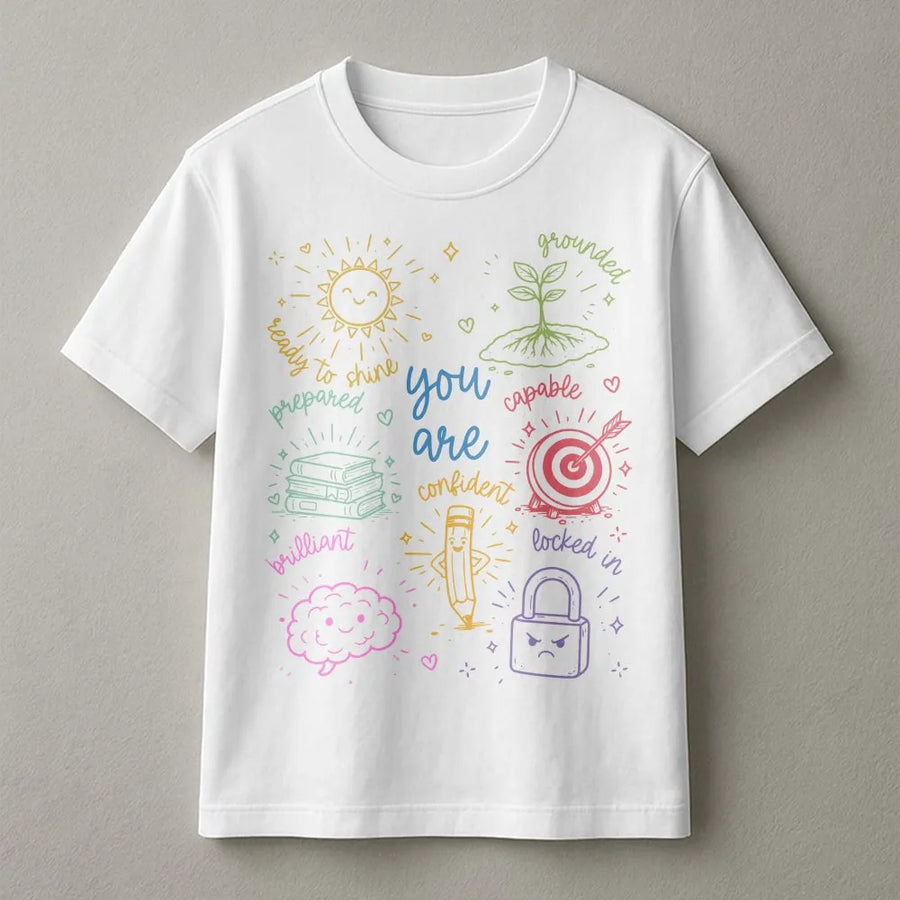 Inspirational Test Day T-Shirt | Positive Affirmation Doodle Graphic | 100% Cotton Premium Tee | Teacher Testing Gift for Students & Educators