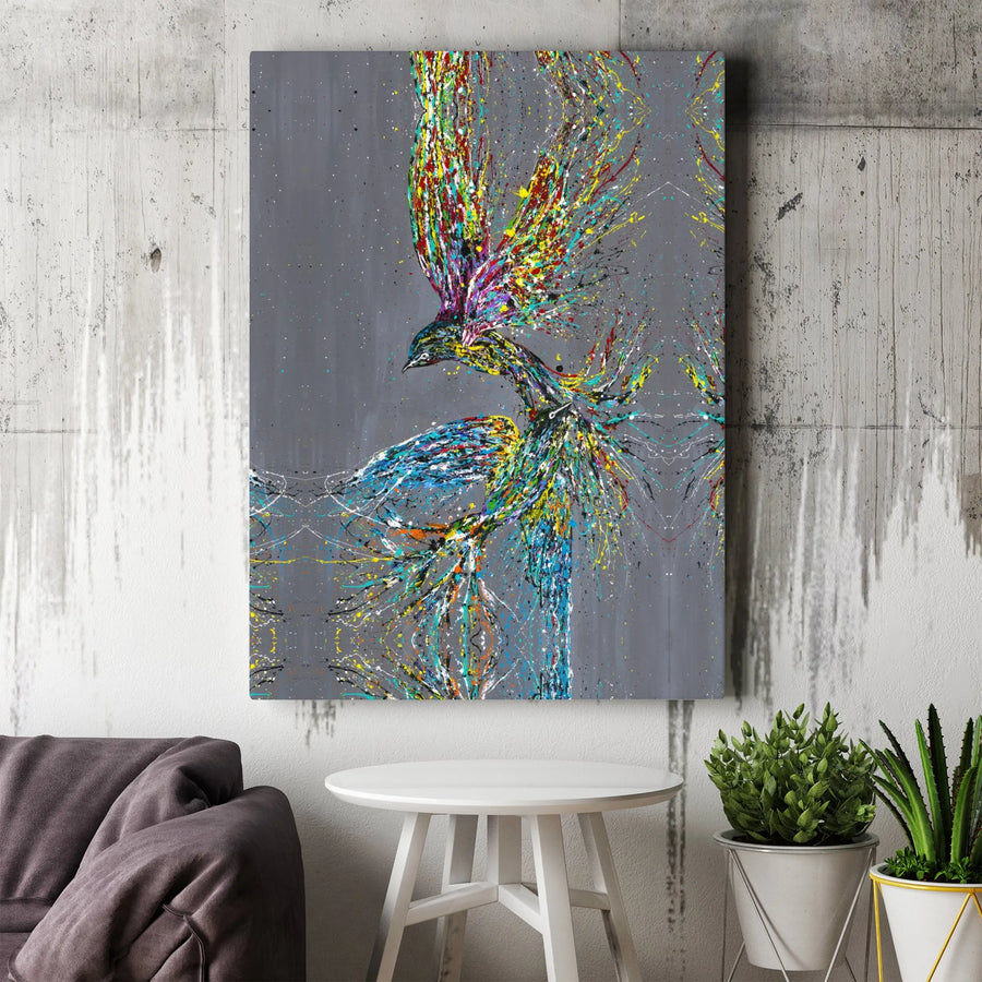 Abstract Bird Canvas Art | Colorful Splatter Paint Phoenix | Premium Gallery Wrapped Wall Decor | Modern Living Room Gift