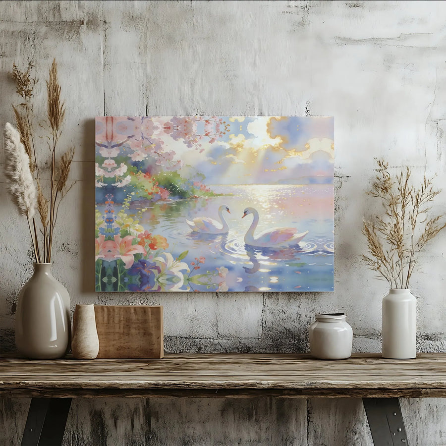 Romantic Swan Canvas Wall Art | Ethereal Watercolor Lake Scene with Flowers | Premium Gallery Wrap Canvas | Bedroom Wall Decor Anniversary Gift
