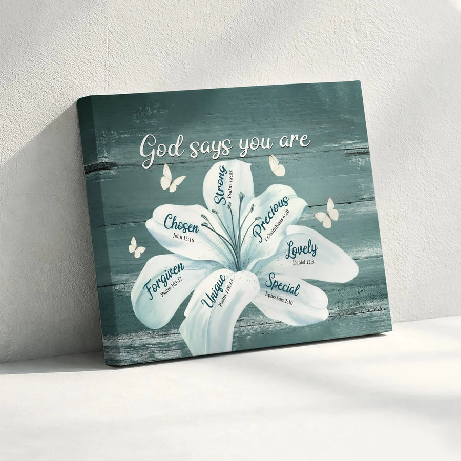 God Says You Are Scripture Canvas Wall Art | Floral Butterfly Lily Design | Premium Gallery Wrapped | Christian Home Decor Gift for Her