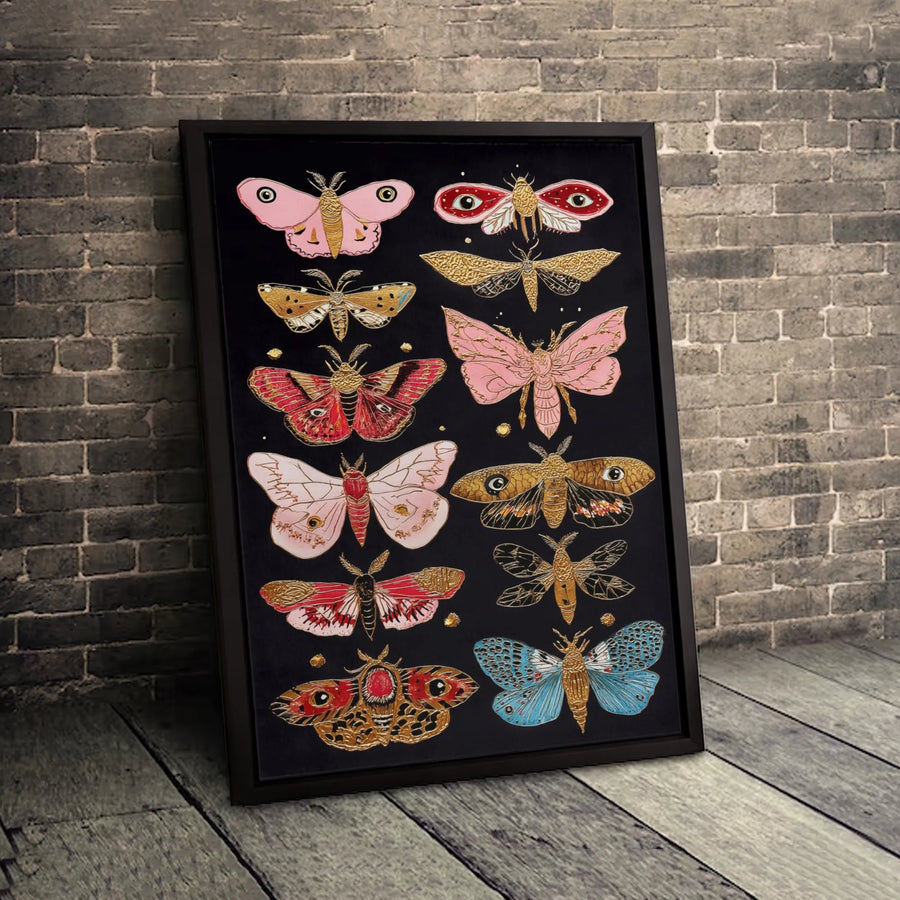 Moth and Butterfly Wall Art Print | Vintage Botanical Insect Collection with Gold Accents | Premium Gallery-Wrapped Canvas | Nature Home Decor Gift