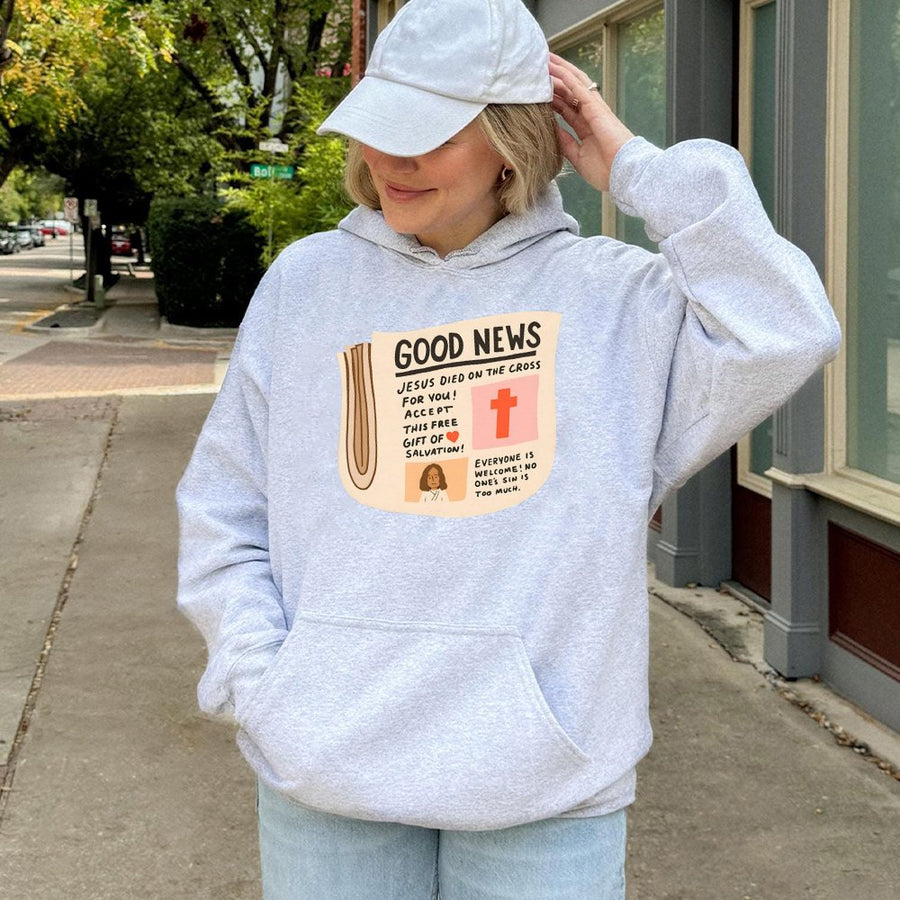 Good News Christian Hoodie | Jesus Salvation Gospel Newspaper Graphic | Premium Cotton Blend | Faith-Based Gift For Men And Women