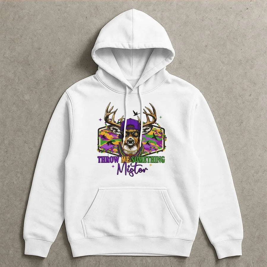 Mardi Gras Deer Hoodie | Throw Me Something Mister Graphic | Cotton-Poly Blend Premium Apparel | Funny New Orleans Hunting Gift