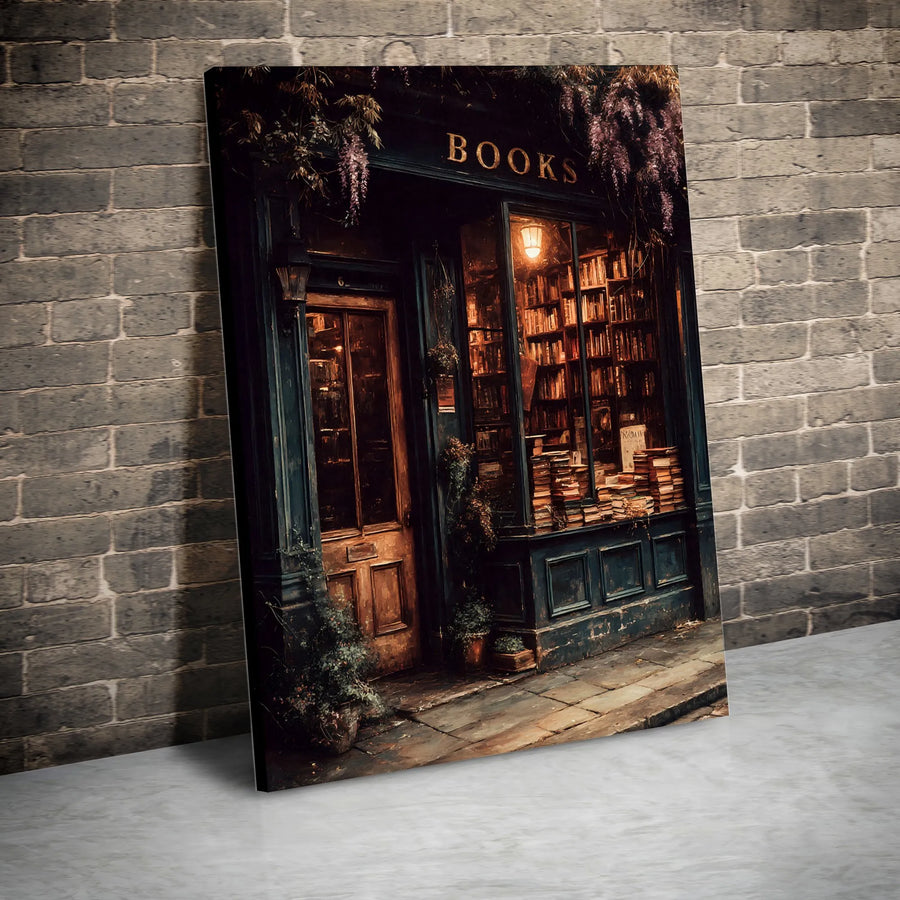 Tableau sur toile d’une librairie vintage | Scène d’étagère sombre et mélancolique Dark Academia | Toile épaisse haut de gamme de qualité galerie | Cadeau de collectionneur pour les amoureux des livres et les lecteurs