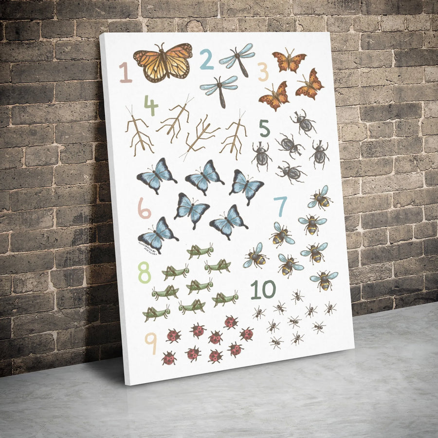 Educational Insect Counting Chart | Watercolor Bug Wall Art | Premium Gallery Wrap Canvas | Nursery Decor for Kids Learning