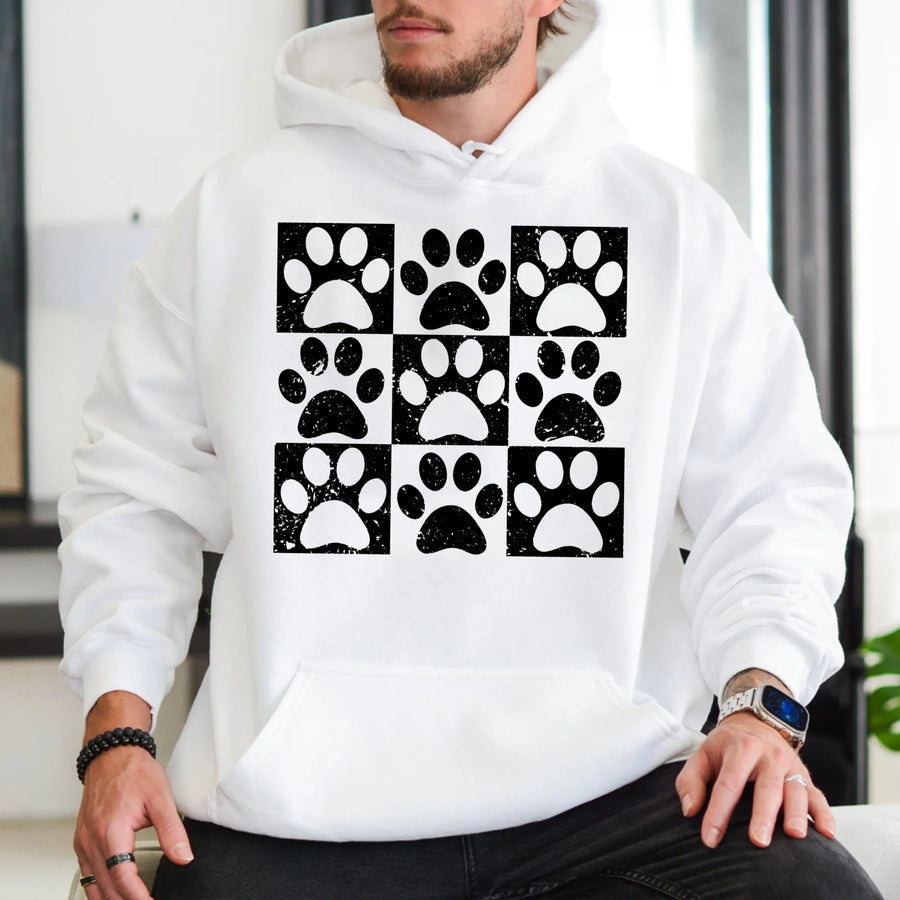 Paw Print Hoodie | Distressed Checkered Dog Cat Design | Premium Cotton-Blend Pullover | Perfect Gift For Pet Lovers
