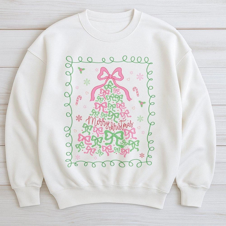 Coquette Christmas Tree Sweatshirt | Aesthetic Bow Holiday Graphic | Premium Cotton Blend | Trendy Women's Gift for Xmas Party