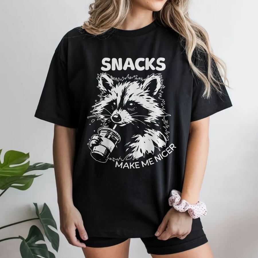 Snacks Make Me Nicer Raccoon T-Shirt | Funny Coffee Lover Graphic Tee | 100% Cotton Premium Quality | Cute Animal Sarcastic Gift for Men Women