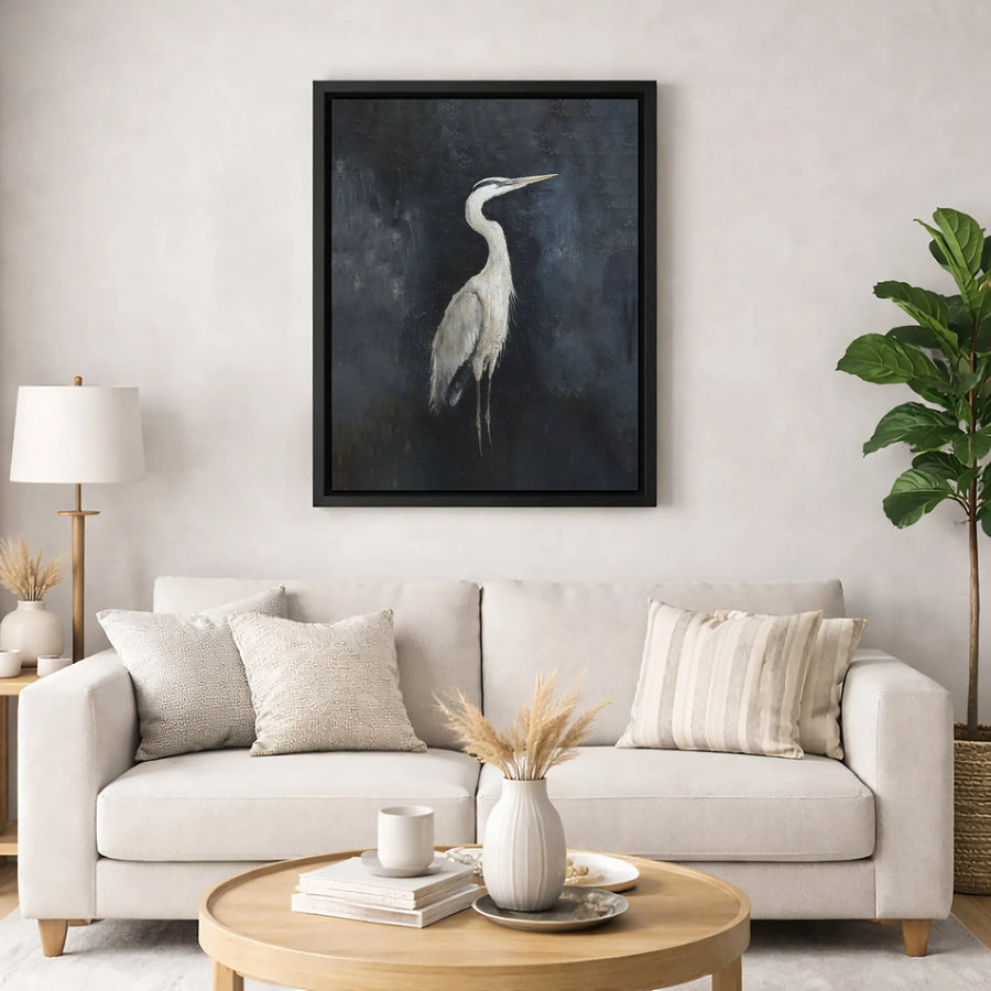 Great Blue Heron Wall Art | Moody Minimalist Bird Painting | Premium Fade-Resistant Canvas | Modern Nature Home Decor Gift