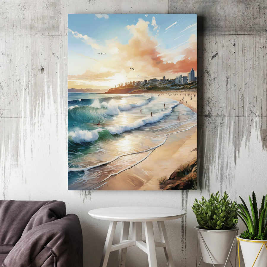 Coastal Sunset Canvas Wall Art | Surfing Ocean Waves Cityscape Print | Gallery-Quality 1.25" Profile | Tropical Beach Decor for Home Office