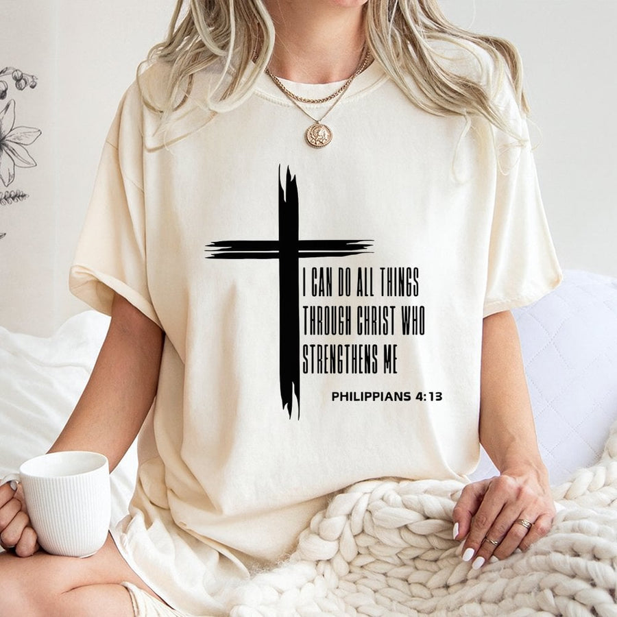 Philippians 4:13 T-Shirt | I Can Do All Things Through Christ Cross Design | 100% Cotton Premium Apparel | Inspirational Christian Gift for Faith
