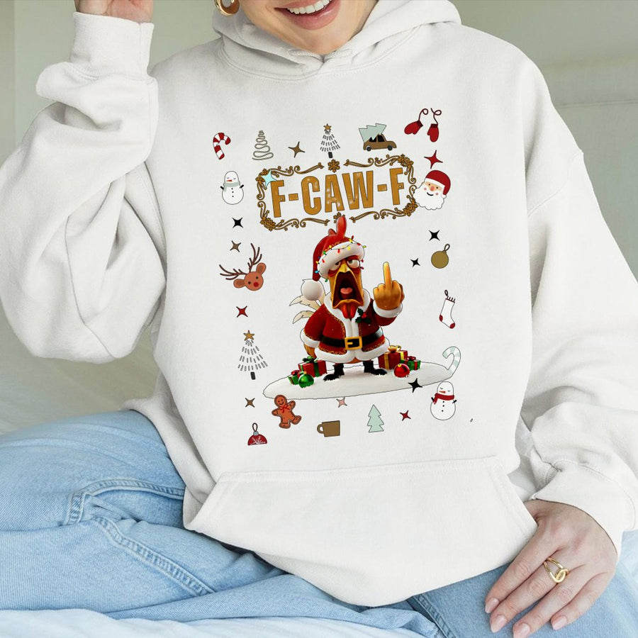 F-Caw-F Christmas Hoodie | Funny Santa Chicken Graphic | Soft Cotton-Polyester Blend | Rude Humor Gift for Men and Women