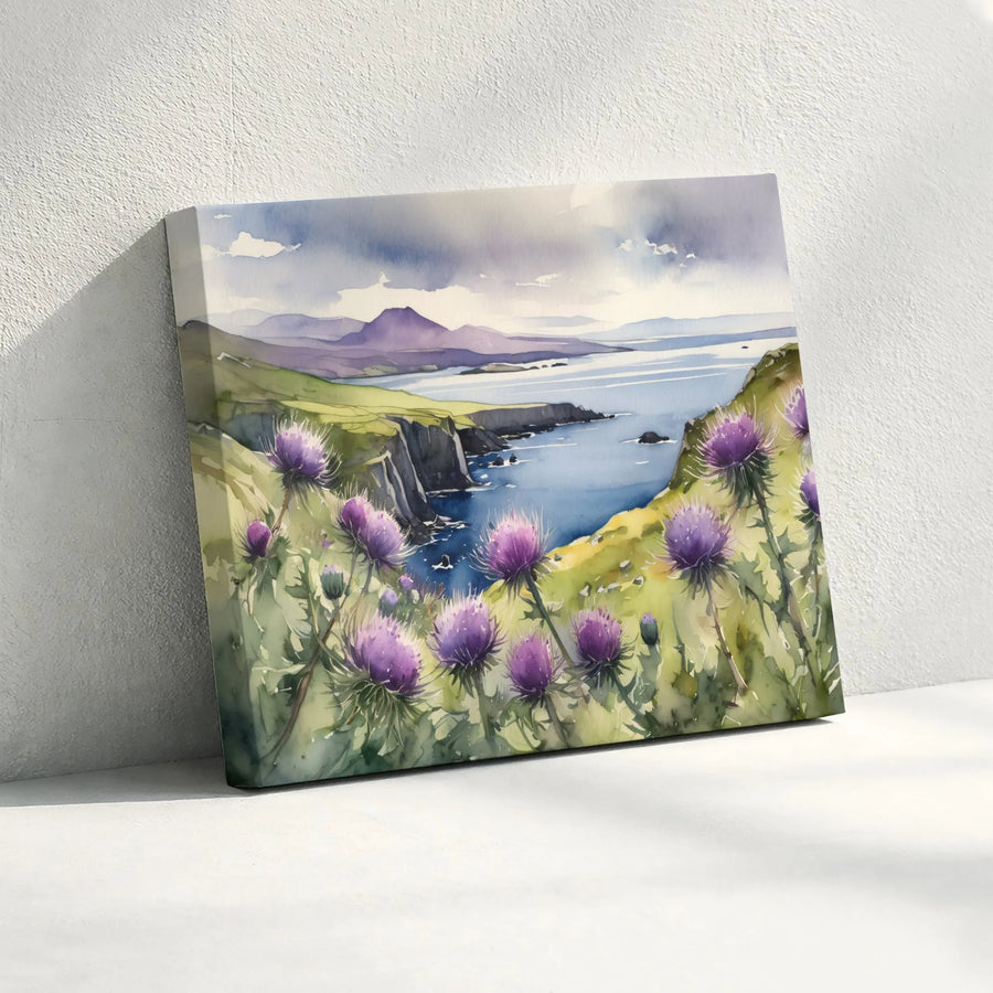 Scottish Thistle Canvas Wall Art | Watercolor Coastal Landscape Print | Premium Fade-Resistant Canvas | Scotland Lover Living Room Decor Gift