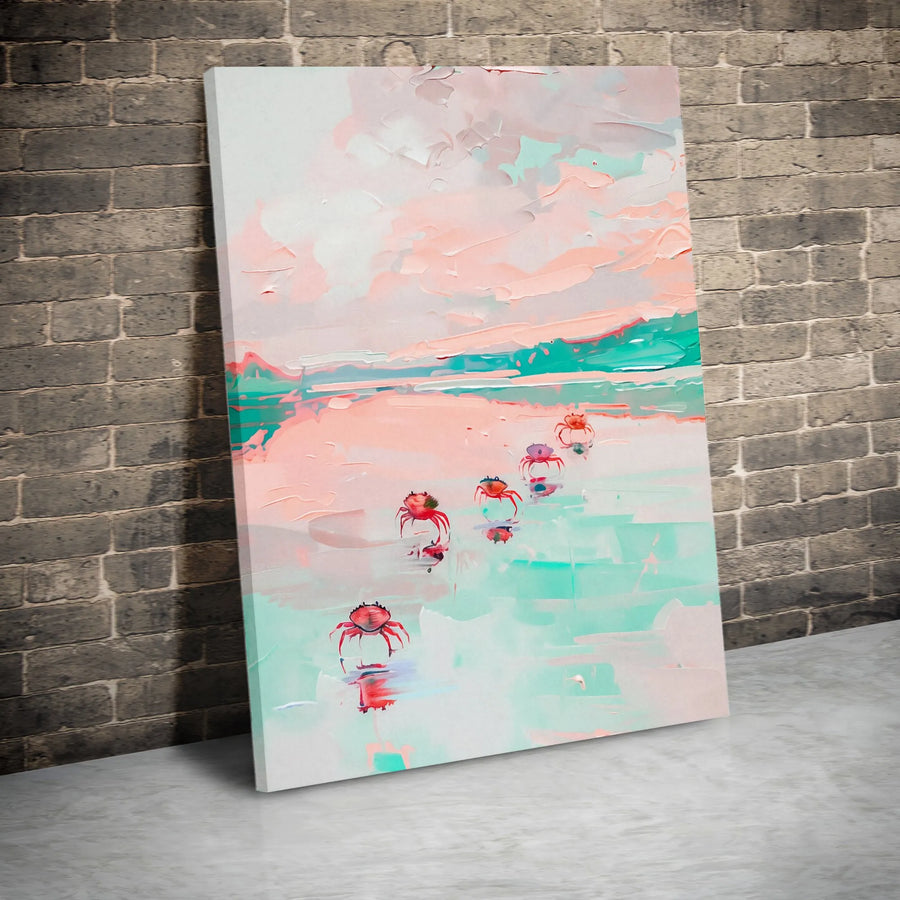Abstract Crab Wall Art Canvas Print | Pastel Beach Painting with Textured Effect | Premium Gallery Wrapped Canvas | Modern Coastal Home Decor Gift