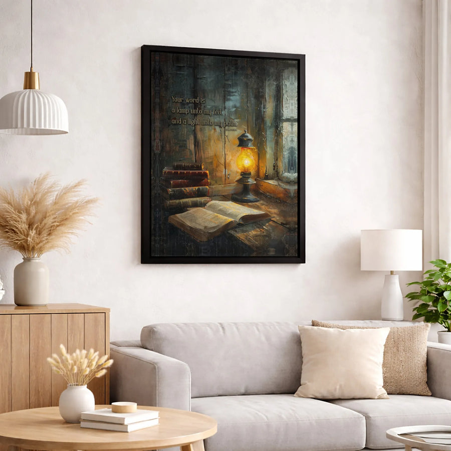 Psalm 119:105 Canvas Print | Rustic Bible Verse Wall Art with Lantern and Books | Premium Gallery Wrap Decor | Inspirational Christian Gift for Home