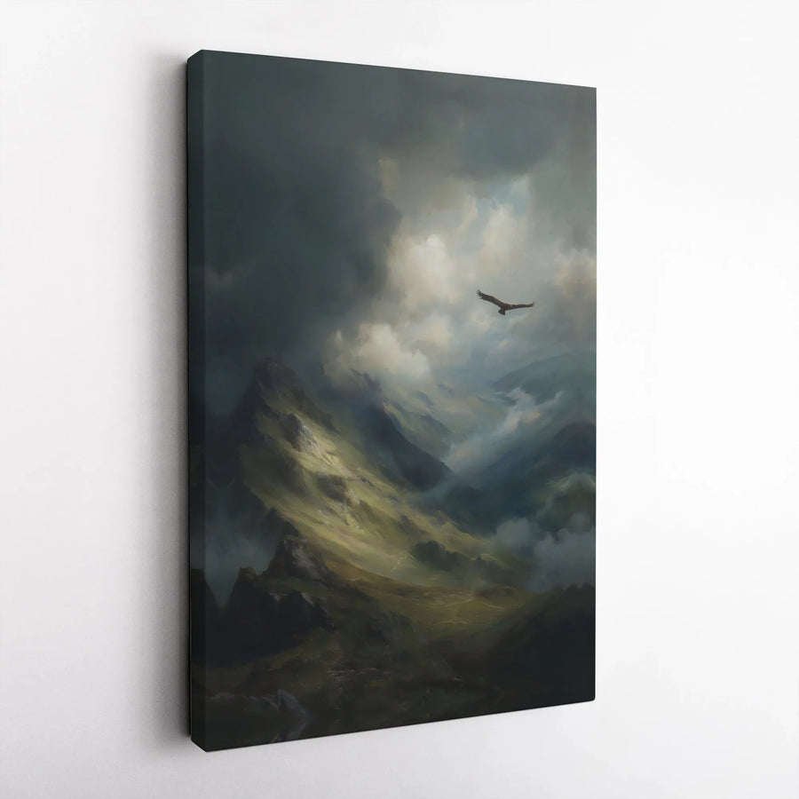Moody Mountain Landscape Canvas | Soaring Eagle Wall Art | Premium 1.25 Inch Gallery Wrap | Nature-Inspired Living Room Decor